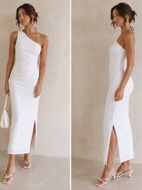 Zara White One-Shoulder Eyelet Midi Dress
